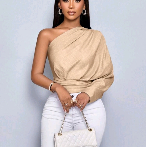 Tops - Women's Bule Color One Shoulder Pleated Long Sleeve Blouse,Solid Color